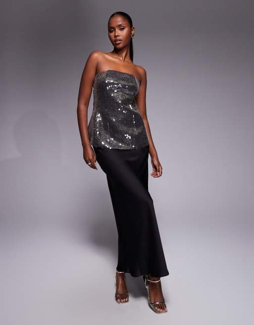 ASOS Design Premium Structured Sequin Peplum Hem Bandeau Top in Black
