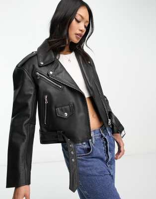 ASOS DESIGN - Premium - Strukturierte Biker-Jacke aus Echtleder in Schwarz-Black