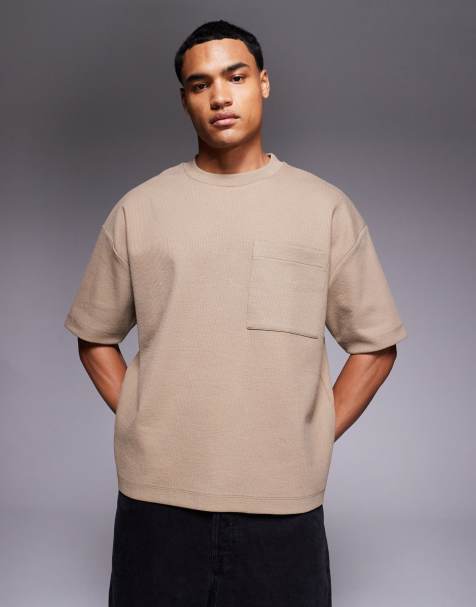ASOS DESIGN – Premium – Strukturiertes, kontrastierendes Boxy Fit Oversize-T-Shirt in Braun mit Tasche - view 1