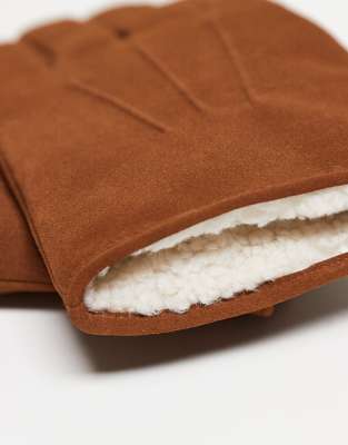 Asos Design Premium Suede And Borg Gloves In Brown