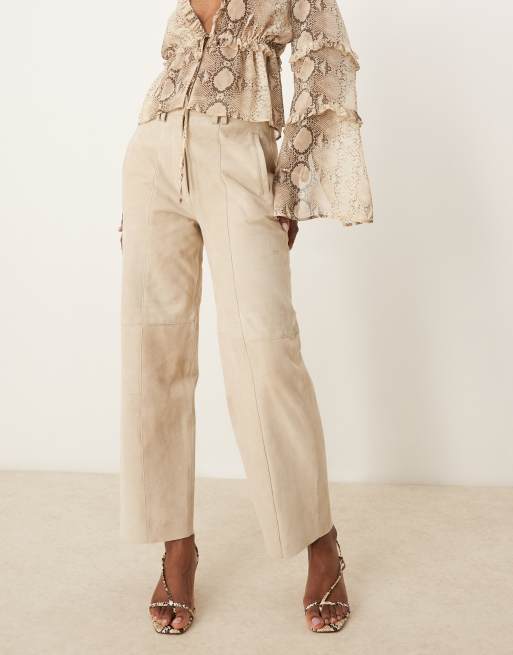 ASOS DESIGN premium suede barrel trousers in with seam detail in stone, 2 of 5