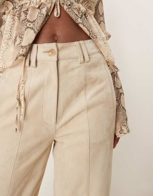 ASOS DESIGN premium suede barrel trousers in with seam detail in stone, 4 of 5