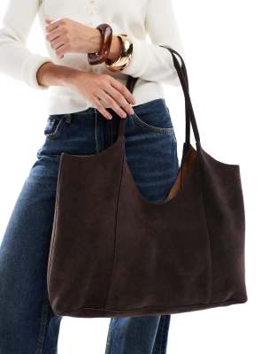 Asos Design Premium Suede Bonded Scoop Tote Bag In Brown