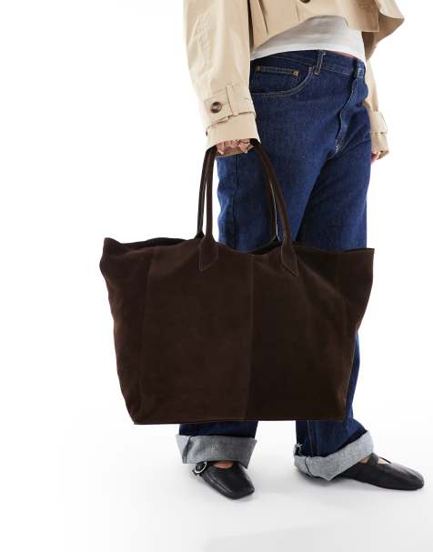 ASOS DESIGN Premium suede bonded tote bag in chocolate - view 1