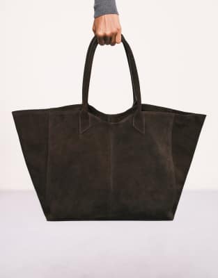 Asos Design Premium Suede Bonded Tote Bag In Brown