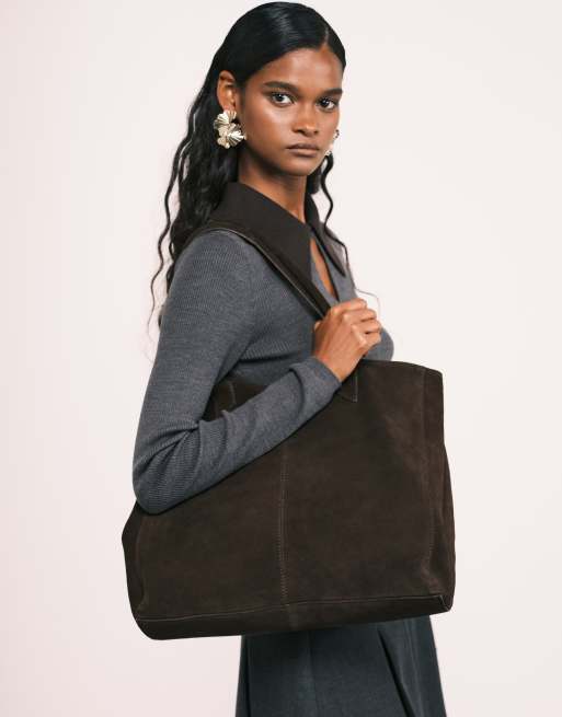 ASOS DESIGN Premium suede bonded tote bag in chocolate