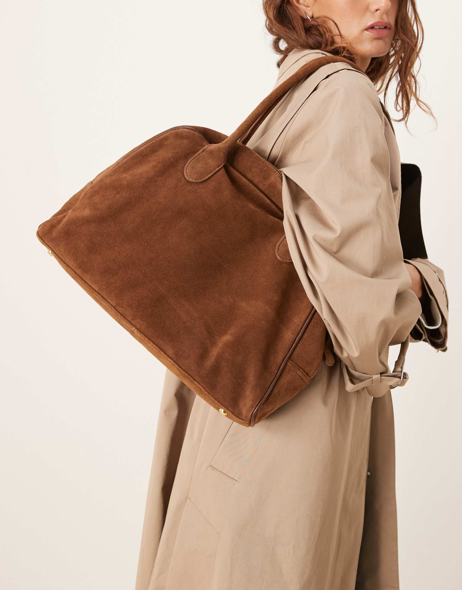 asos design premium suede bowler tote bag in chocolate