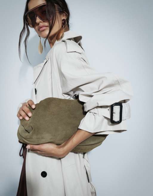 ASOS DESIGN Premium suede cloud clutch bag in olive, 2 of 6