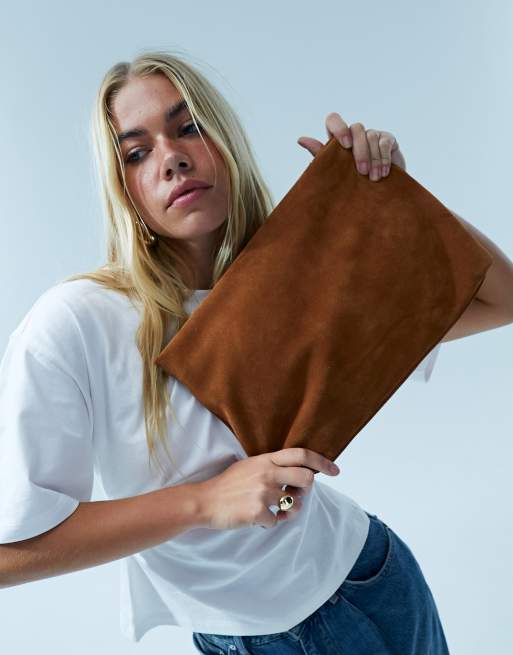 ASOS DESIGN premium suede clutch bag in tan ASOS