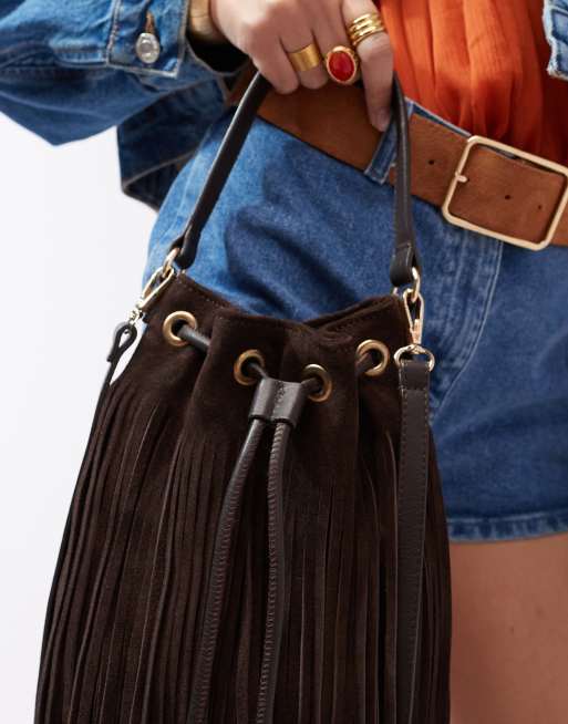 ASOS DESIGN premium suede fringe crossbody bucket bag in chocolate ASOS