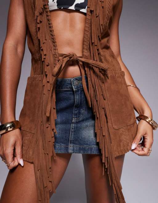 ASOS DESIGN premium suede fringe vest in light tan | ASOS