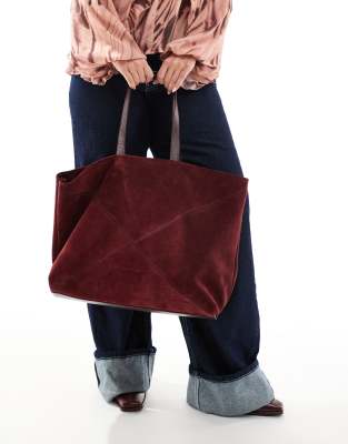 premium suede paneled tote in burgundy-Red