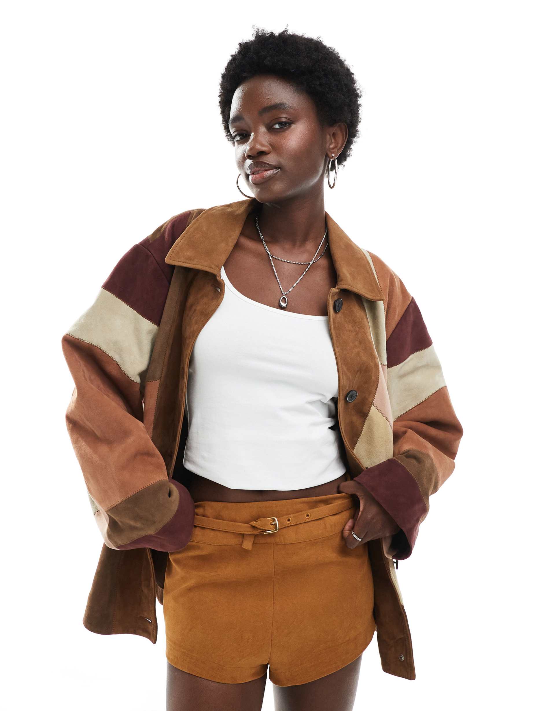 asos design premium suede patchwork jacket in brown