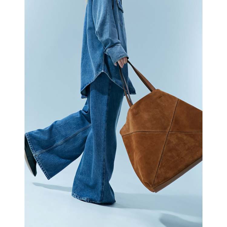 ASOS DESIGN suede tote bag with tubular piping in tan