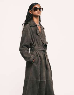 Asos Design Premium Suede Trench Coat In Green