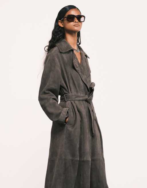 ASOS DESIGN premium suede trench coat in dark olive, 2 of 4