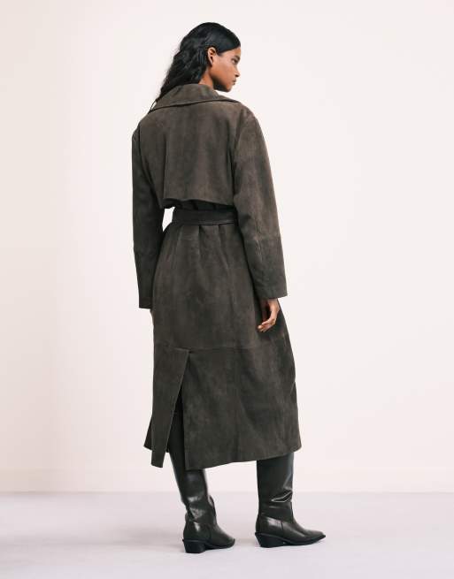 ASOS DESIGN premium suede trench coat in dark olive