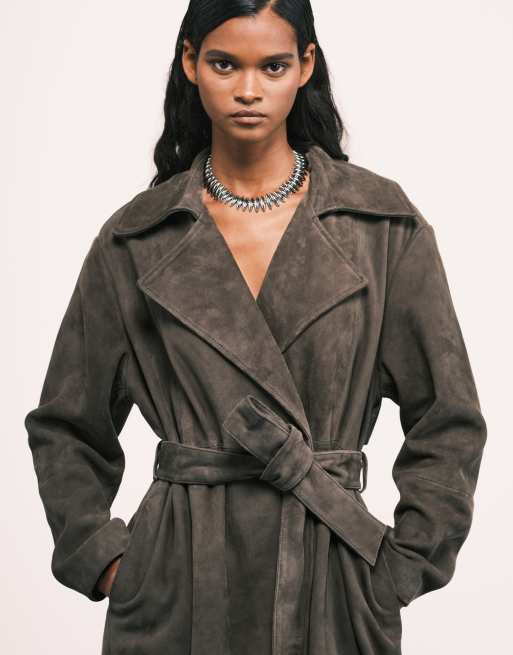 ASOS DESIGN premium suede trench coat in dark olive
