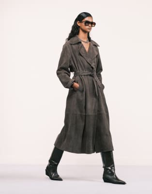 Asos Design Premium Suede Trench Coat In Green
