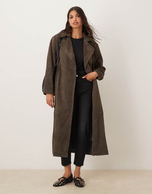 ASOS DESIGN premium suede trench coat in olive