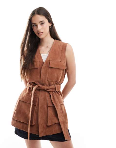 ASOS DESIGN premium suede trucker belted vest in tan - view 1