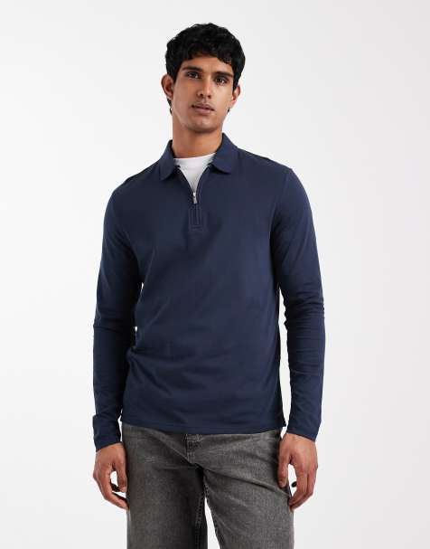 ASOS DESIGN – Premium – SUPIMA Cotton – Marinblå pikétröja i bomull med regular fit och långa ärmar - view 1