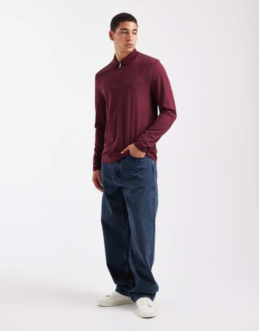 ASOS DESIGN Premium SUPIMA Cotton regular fit long sleeve polo in burgundy, 2 of 5