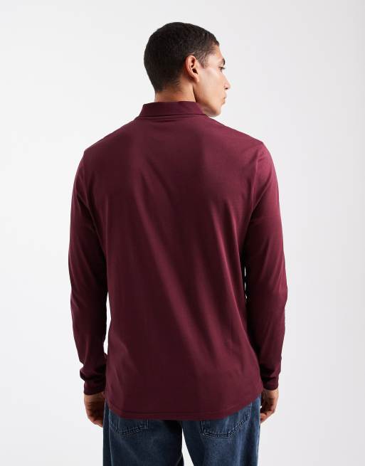 ASOS DESIGN Premium SUPIMA Cotton regular fit long sleeve polo in burgundy, 3 of 5