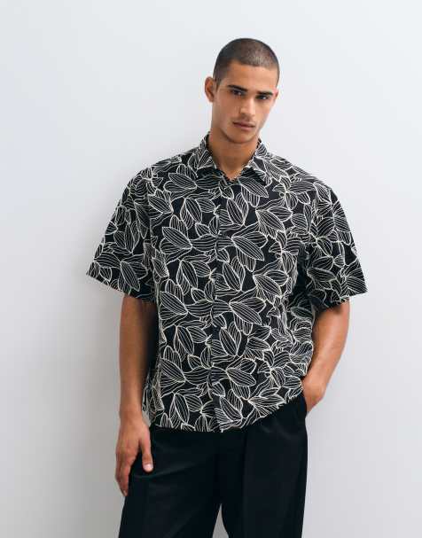 ASOS DESIGN – Premium – Svart, blommigt broderad, avslappnad skjorta, del av set - view 1