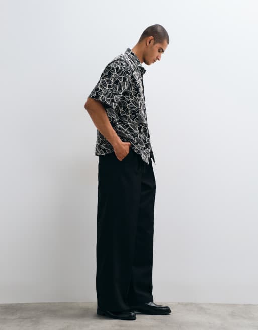 ASOS DESIGN – Premium – Svart, blommigt broderad, avslappnad skjorta, del av set, 5 av 5