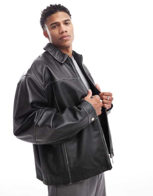 ASOS DESIGN – Premium – Svart Harrington-jacka i äkta läder och oversize