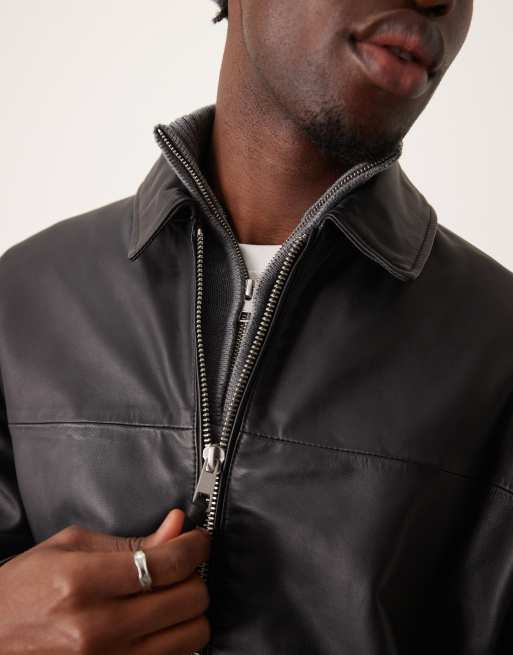ASOS DESIGN – Premium – Svart, kort harrington-jacka i äkta läder, 3 av 4