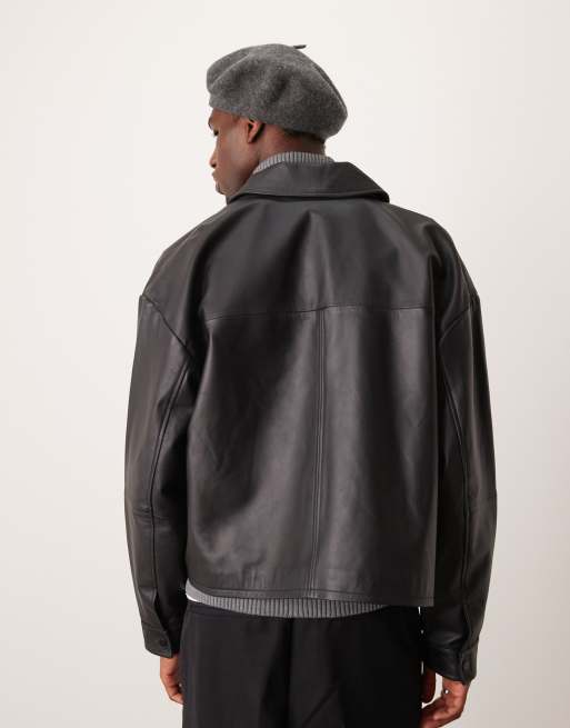 ASOS DESIGN – Premium – Svart, kort harrington-jacka i äkta läder, 4 av 4
