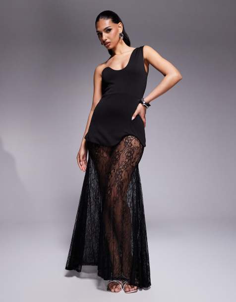 ASOS DESIGN – Premium – Svart maxiklänning i scubaliknande tyg med asymmetrisk ringning och spetskjol - view 1