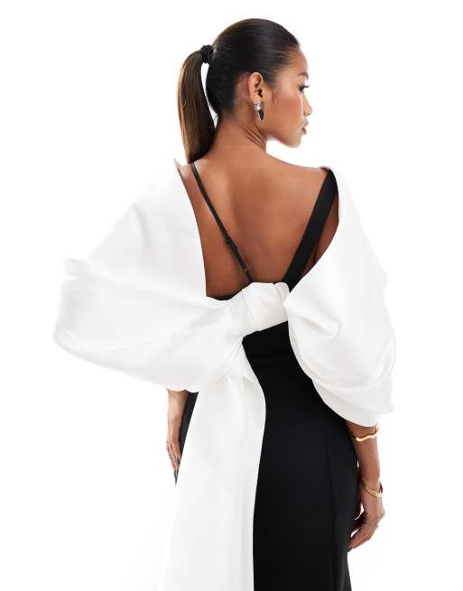 ASOS DESIGN – Premium – Svart maxiklänning med stor, kontrastfärgad rosett och släp, 2 av 4