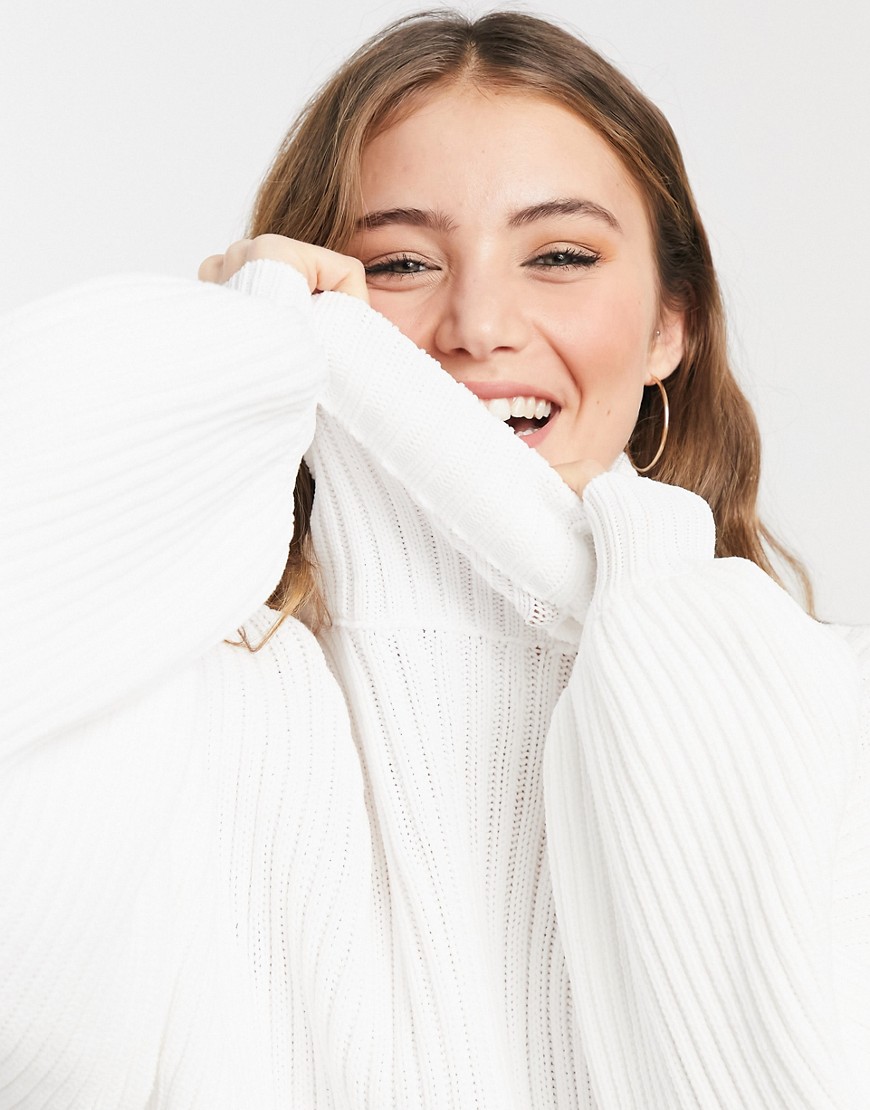 ASOS DESIGN premium sweater in rib with volume sleeve in cream-White