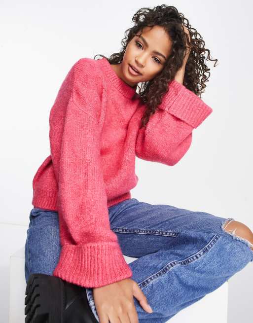 ASOS DESIGN crop cable sweater with fringe in chenille yarn in pink