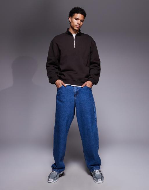 ASOS DESIGN - Premium sweatshirt van 400 gsm zware stof met korte rits in bruin, 2 van 5