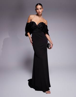 Asos Design Premium Sweetheart Satin Mix Bandeau Maxi Dress With Train In Black