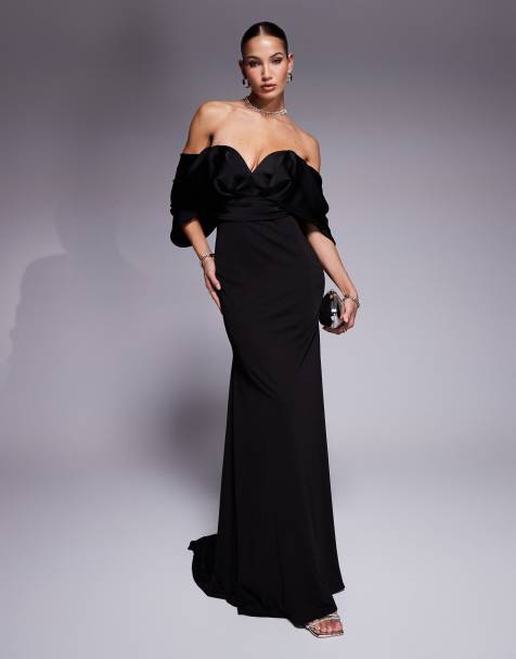ASOS DESIGN premium sweetheart satin mix bandeau maxi dress with train in black - view 1