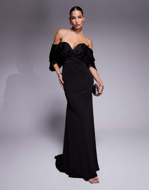 ASOS DESIGN premium sweetheart satin mix bandeau maxi dress with train in black