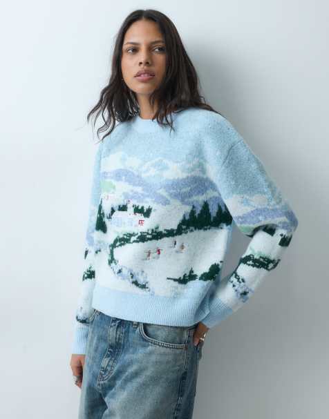 ASOS DESIGN premium sweter z haftowanym pejzażowym wzorem w kolorze niebieskim - view 1