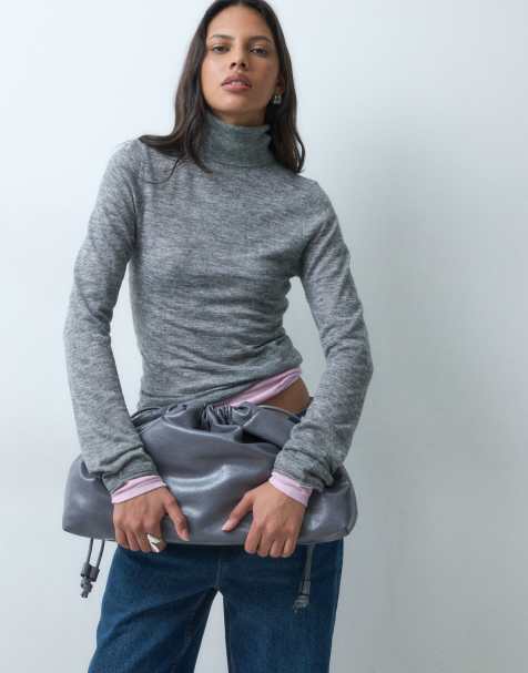 ASOS DESIGN premium sweter z mieszanki alpaki, półprzezroczysty, dopasowany, z golfem, w średnioszarym kolorze - view 1