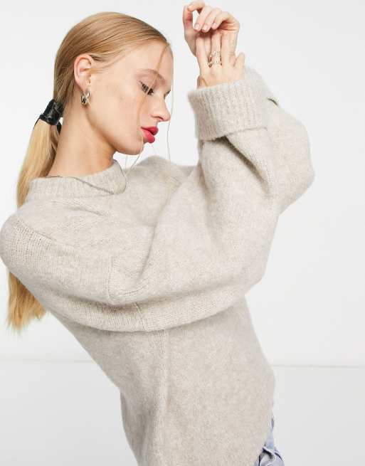 ASOS DESIGN Premium – Szarobeżowy sweter z wywijanymi mankietami z domieszką wełny