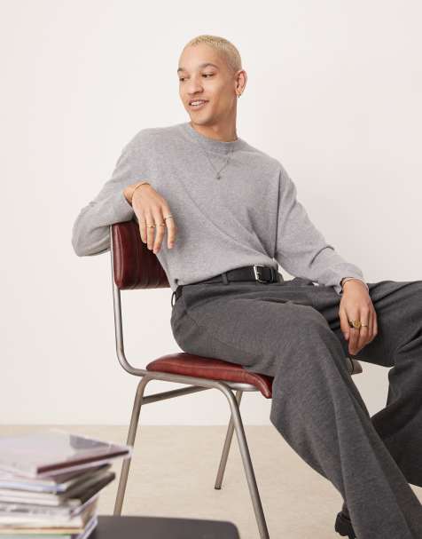 ASOS DESIGN Premium – Szary melanżowy sweter polo o pudełkowym kroju oversize z okrągłym dekoltem z kaszmiru - view 1