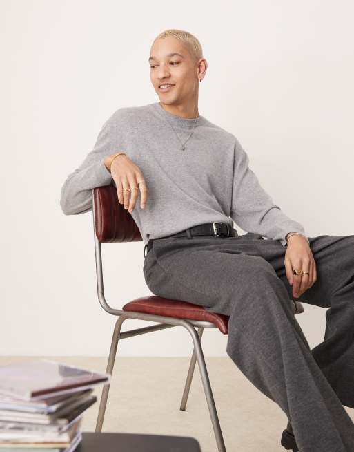 ASOS DESIGN Premium – Szary melanżowy sweter polo o pudełkowym kroju oversize z okrągłym dekoltem z kaszmiru