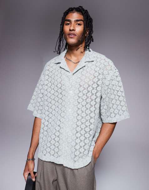 ASOS DESIGN premium boxy oversized crochet shirt in sage green