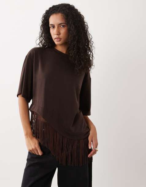 ASOS DESIGN premium t-shirt oversize asimmetrica con frange color cioccolato - view 1