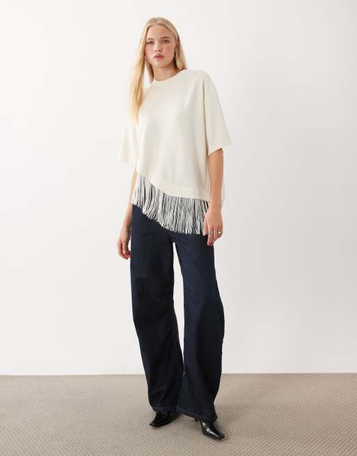 ASOS DESIGN premium t-shirt oversize asimmetrica con frange color crema, 1 di 4