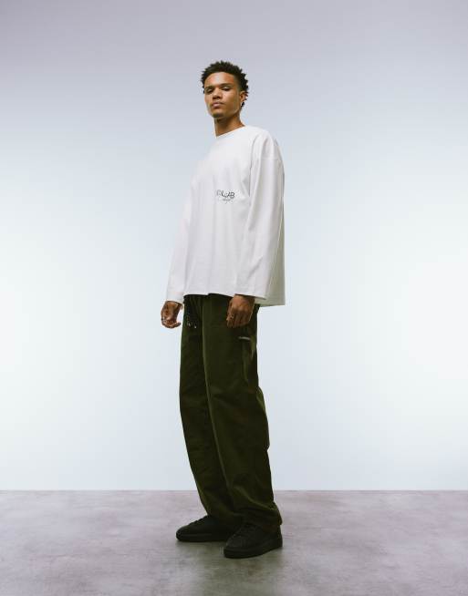 ASOS DESIGN - Premium T-shirt van superzware stof met lange mouwen, verlaagde schouders en grafische tekstprint in wit